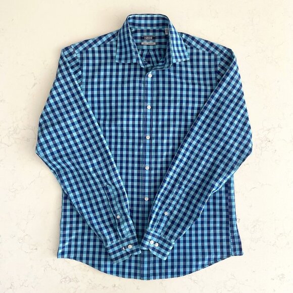Izod Slim Fit Button Down LS Cotton Poly Blend Check Shirt Blue Sz 15.5 34/35 - Picture 1 of 11
